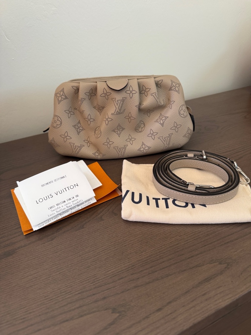 Louis Vuitton  Scala Mini Pouch in Taupe Mahina Leather with Strap - Brand New